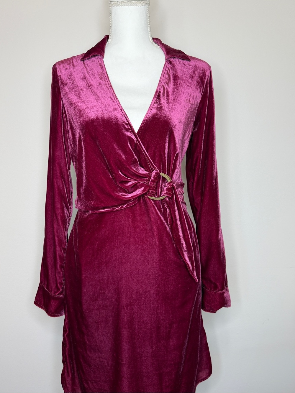 Maeve x Anthropologie Cranberry Velvet Wrap Buckle Roll-Tab Contrast Dress